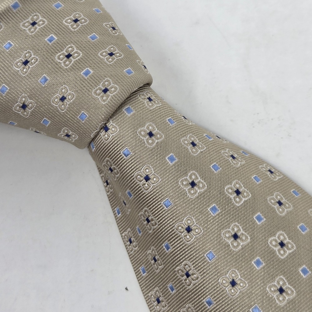 Paul Frederick Tie 100%‎ Italian Silk Hand Tailored Tan Beige w/ Blue Geometric